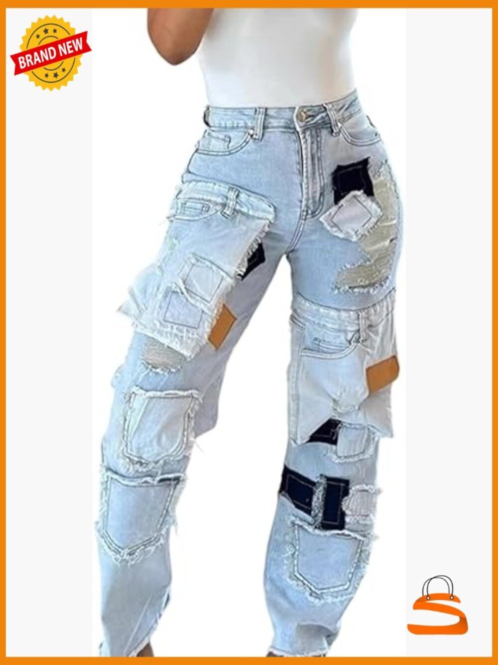 High Waist Wide Leg Distressed Patchwork Jeans with Pockets